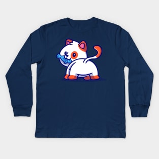 Cute Cat Eating Fish Cartoon Kids Long Sleeve T-Shirt